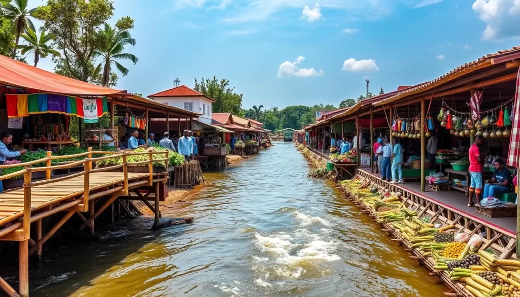 Generate an image of the Lizulu Horticulture Market, highlighting its unique layout divided by the Lilongwe River and connected by bamboo footbridges.
