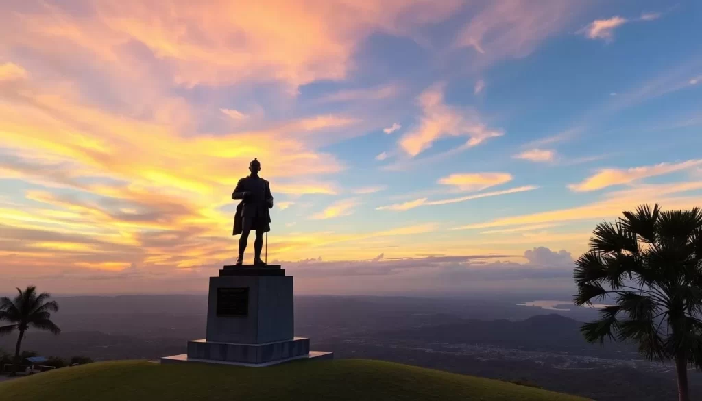 Generate an image of the Loma de Tiscapa viewpoint at sunset, with the statue of General Sandino in the foreground.
