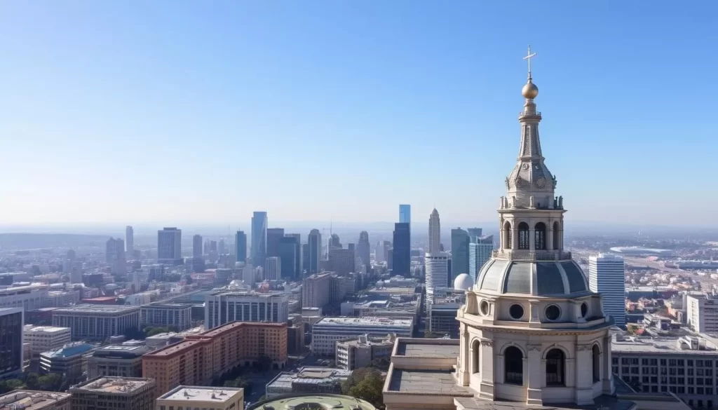 Generate an image of the Los Angeles City Hall Observation Deck with a panoramic view of the city