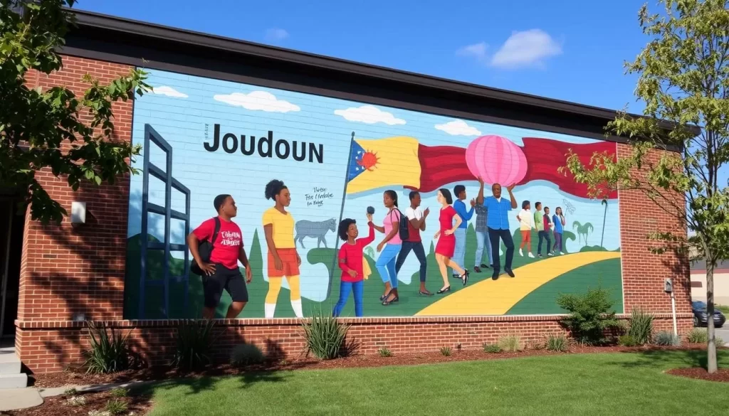 Generate an image of the Loudoun Museum's exterior with the Journey to Freedom mural.