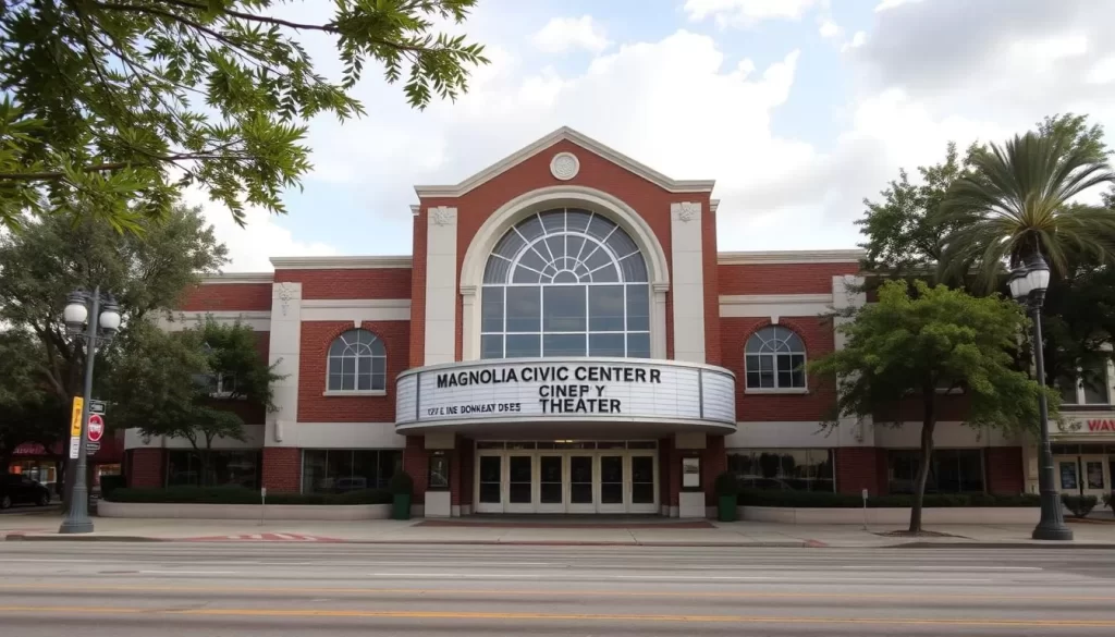 Generate an image of the Magnolia Civic Center & Cine Theater at 127 E. Bankhead Street, New Albany, Mississippi.