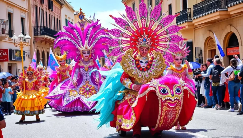 Generate an image of the Malta Carnival, featuring colorful floats, elaborate costumes, and lively street performances.
