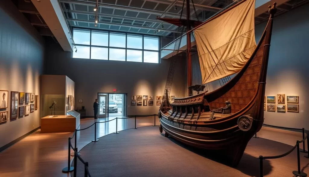 Generate an image of the Manitoba Museum's gallery featuring a full-size replica of a 17th-century ship.