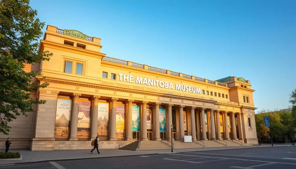 Generate an image of the Manitoba Museum's impressive facade and its interactive exhibits.