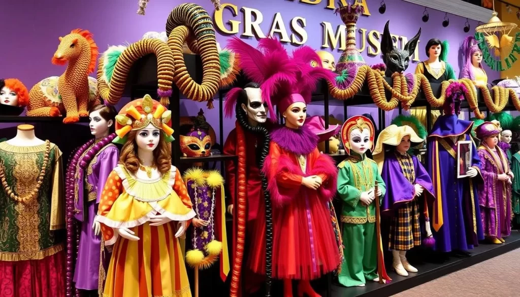 Generate an image of the Mardi Gras Museum of Imperial Calcasieu, highlighting its extensive collection of Mardi Gras costumes and artifacts.