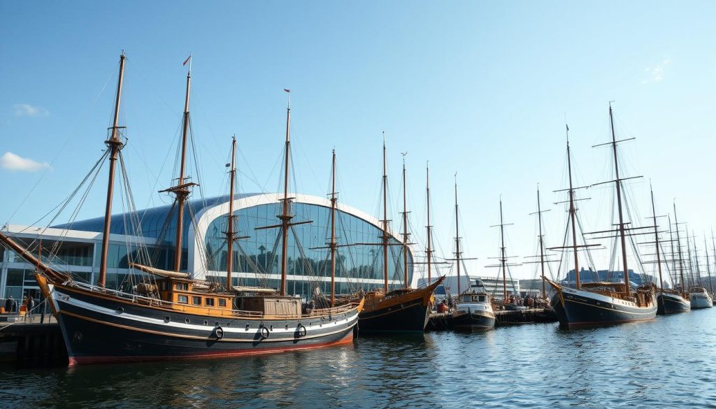 Generate an image of the Maritime Museum Rotterdam with historic vessels docked in the harbor outside.