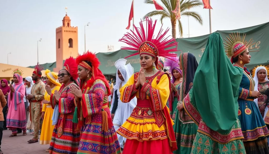 Generate an image of the Marrakech Popular Arts Festival with performers in traditional costumes