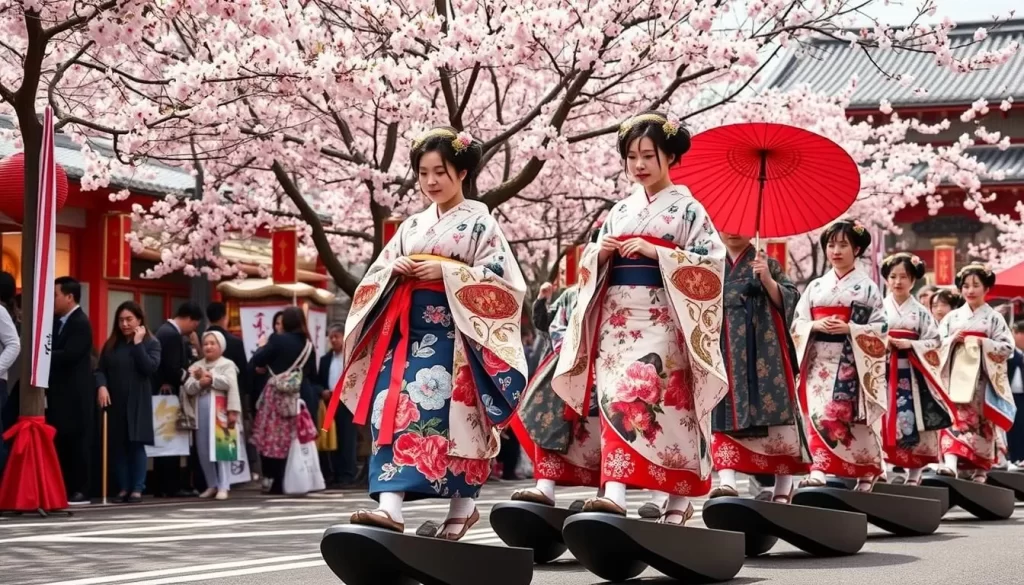 Generate an image of the Maruyama Hana Festival, showcasing the Oiran Dochu procession with beautifully dressed courtesans walking on elevated black geta clogs.