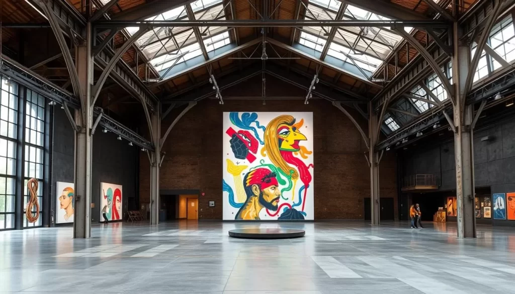 Generate an image of the Massachusetts Museum of Contemporary Art (Mass MoCA) in North Adams, showcasing its vast industrial space filled with contemporary art installations.