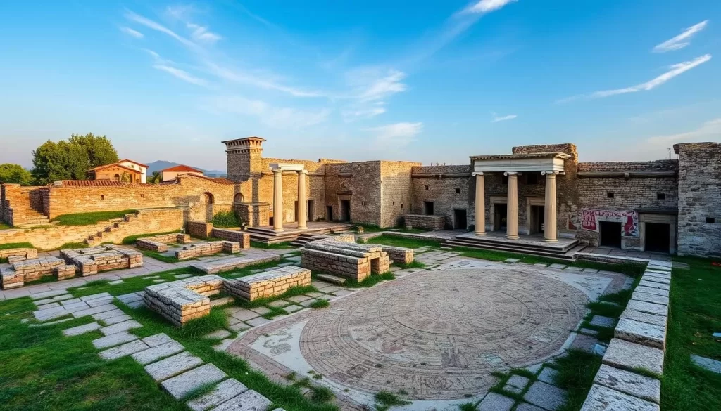 Generate an image of the Mediana archaeological site in Nis, Serbia, showcasing its Roman ruins and mosaics.