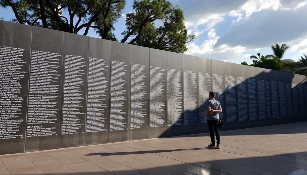 Generate an image of the Memorial Wall in San Salvador, El Salvador, with a solemn atmosphere and a clear view of the wall listing the names of the victims.