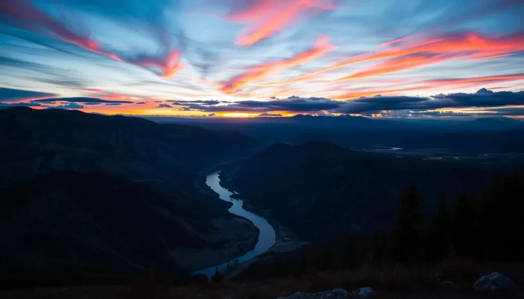 Generate an image of the Midnight Dome viewpoint at sunset with the Yukon River valley below.