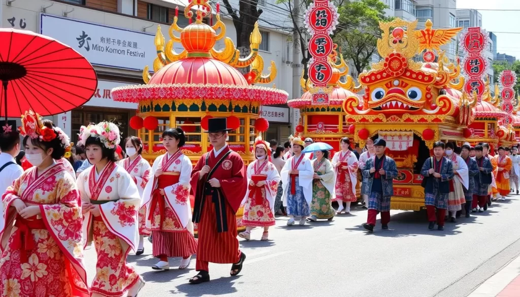 Generate an image of the Mito Komon Festival parade with traditional Japanese costumes and floats.