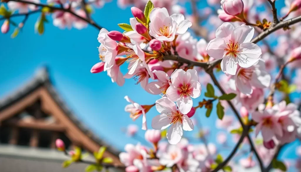 Generate an image of the Mito Plum Blossom Festival in Ibaraki, Japan, showcasing blooming plum blossoms.