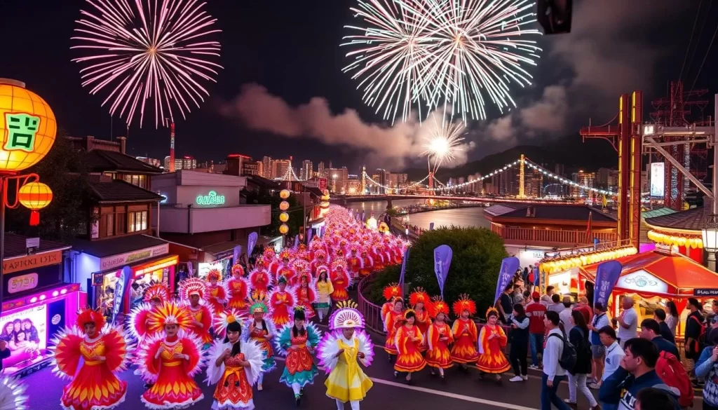 Generate an image of the Miyazaki Phoenix Festival, featuring a dynamic street parade with dancers in colorful costumes and a spectacular fireworks display over the Oyodo River.
