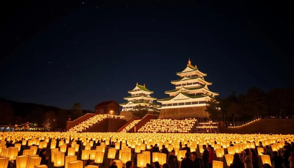 Generate an image of the Mizu Akari Festival at night with thousands of lanterns illuminating Kumamoto Castle.
