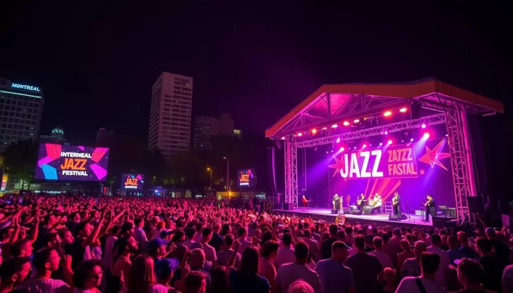 Generate an image of the Montreal International Jazz Festival's main stage at night, filled with a large crowd enjoying live jazz music.