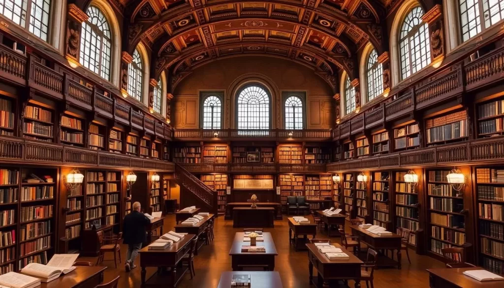Generate an image of the Morgan Library & Museum's grand reading room with rare books on display.