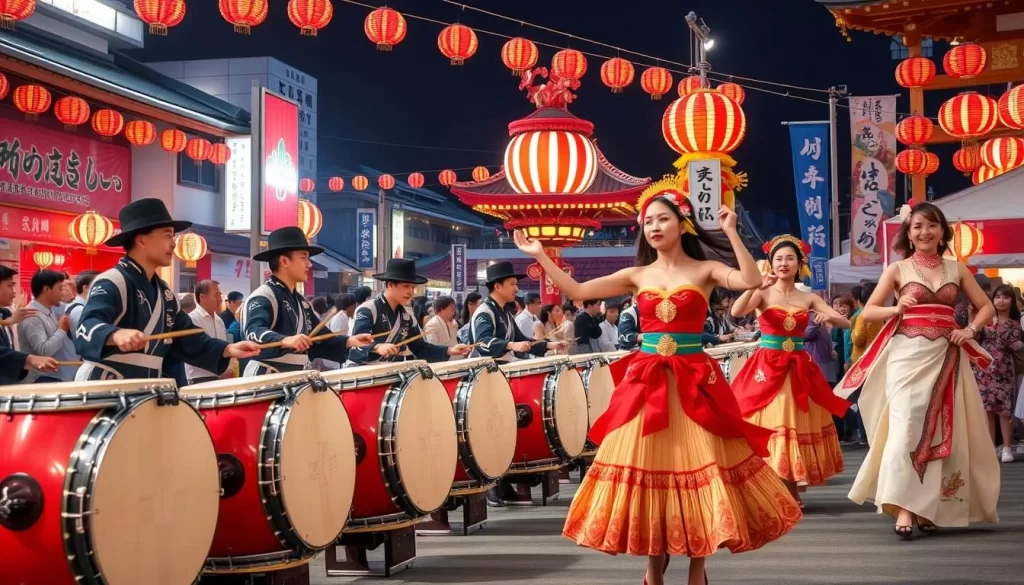 Generate an image of the Morioka Sansa Festival, featuring taiko drummers and traditional dancers.