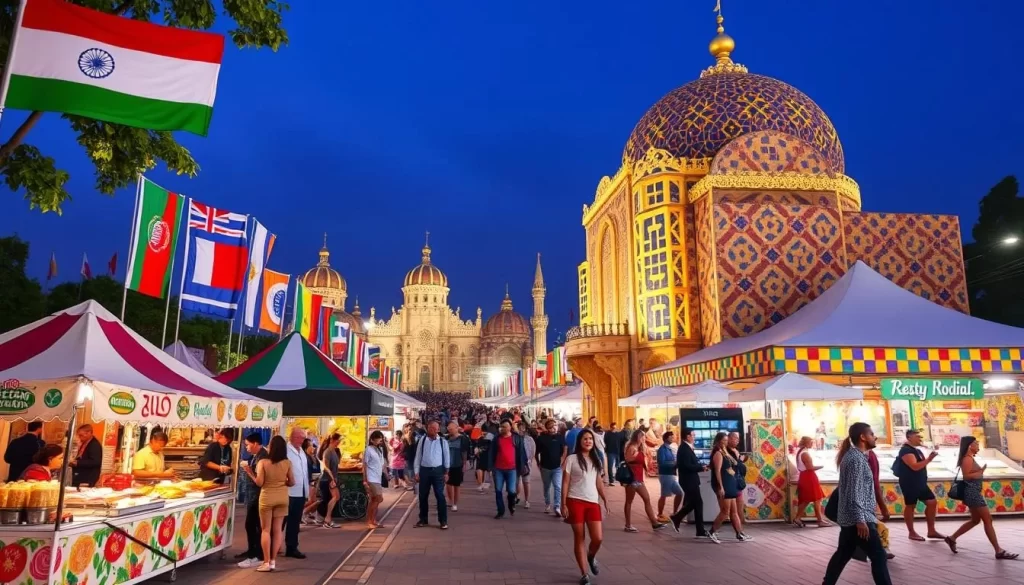 Generate an image of the Mosaic festival pavilions representing different countries and cultures, with diverse food, music, and dance performances.