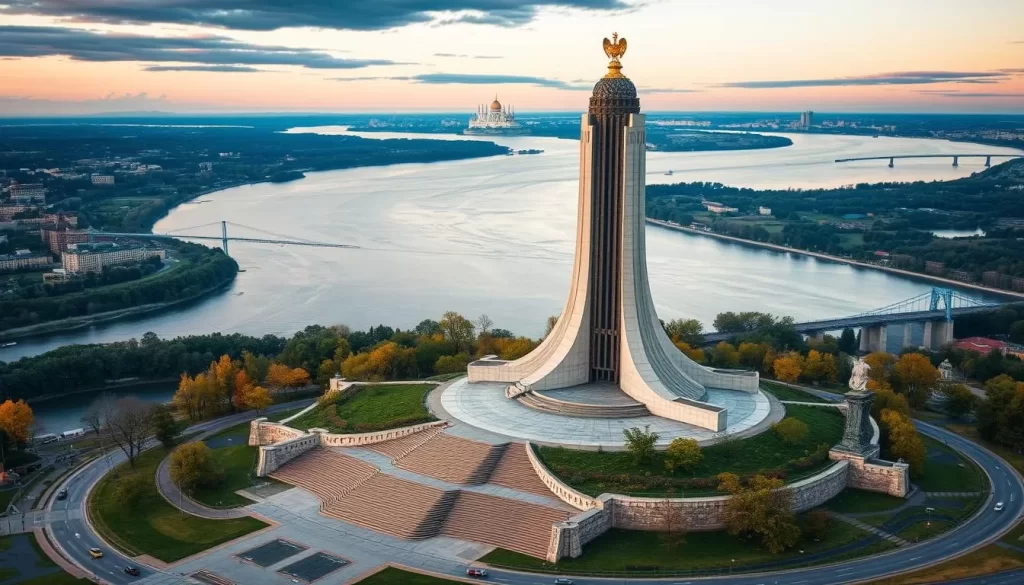Generate an image of the Motherland Monument in Kyiv, Ukraine, with the Dnieper River in the background.