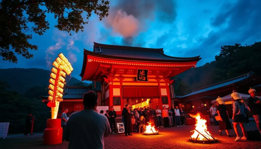Generate an image of the Nachi Fire Festival at Kumano Nachi Taisha shrine