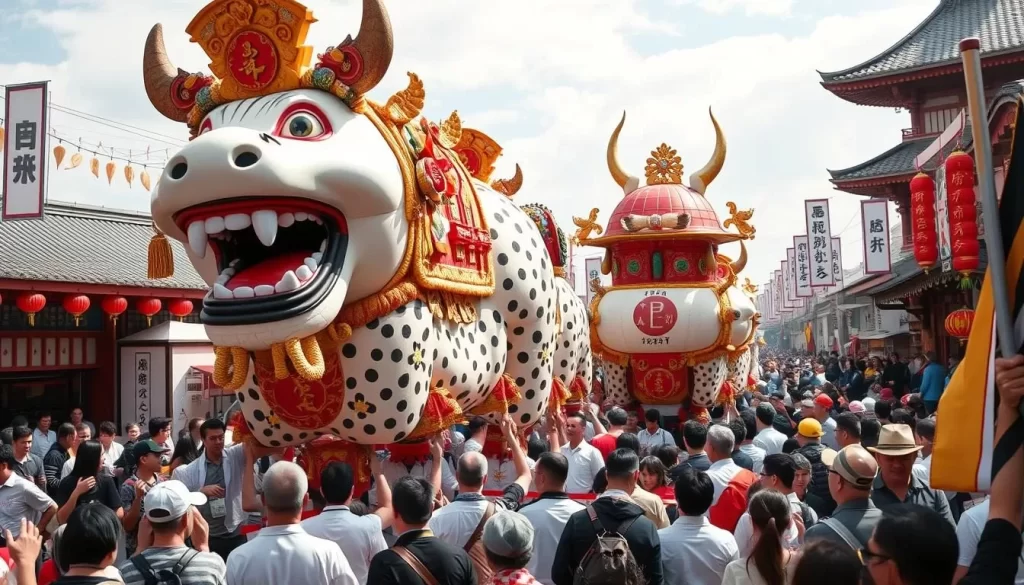 Generate an image of the Nada no Kenka Festival in Himeji, showcasing massive floats being carried by teams of people.