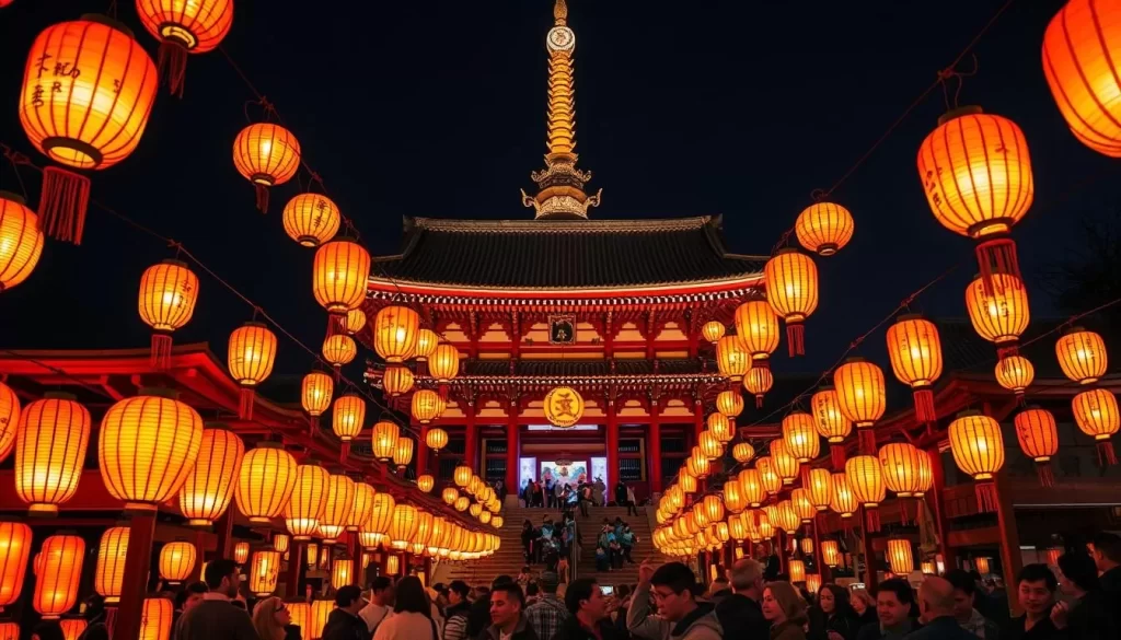 Generate an image of the Nagano Lantern Festival, showcasing thousands of handcrafted lanterns illuminating Zenkoji Temple.