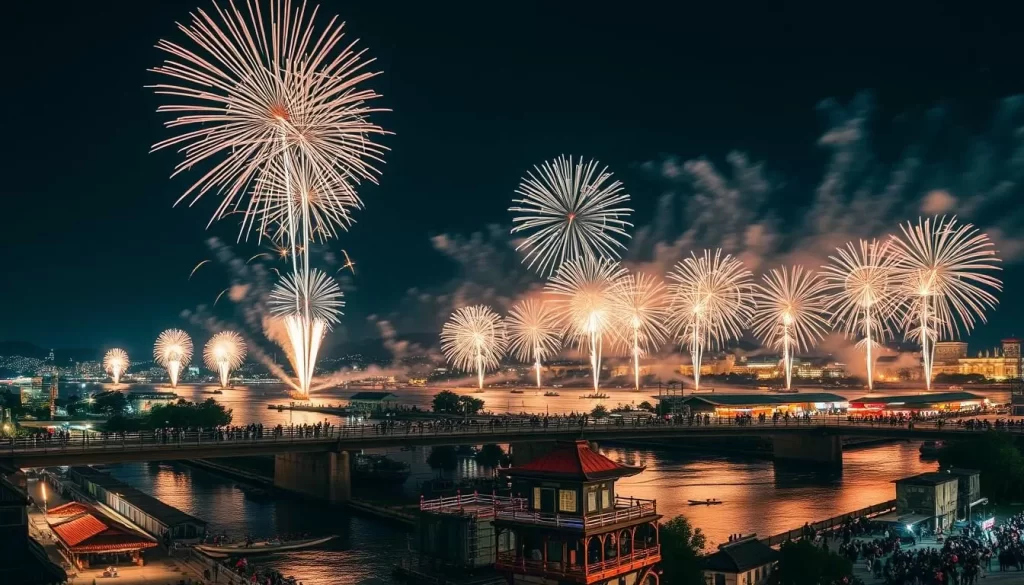 Generate an image of the Nagaoka Fireworks Festival Japan, showcasing the grand fireworks display along the Shinano River.