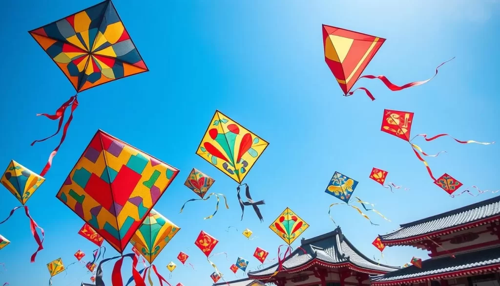 Generate an image of the Nagasaki Kite-flying Tournament with diamond-shaped kites flying high in the sky.