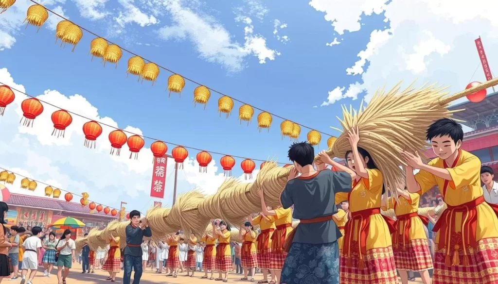 Generate an image of the Naha Great Tug-of-War Festival with a massive rice straw rope and participants.