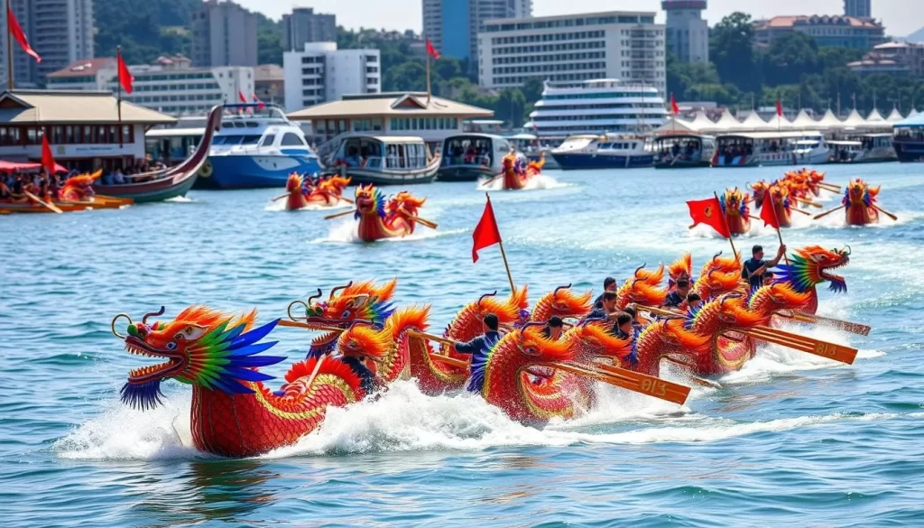 Generate an image of the Naha Hari Dragon Boat Races with colorful dragon boats racing in Naha Port.
