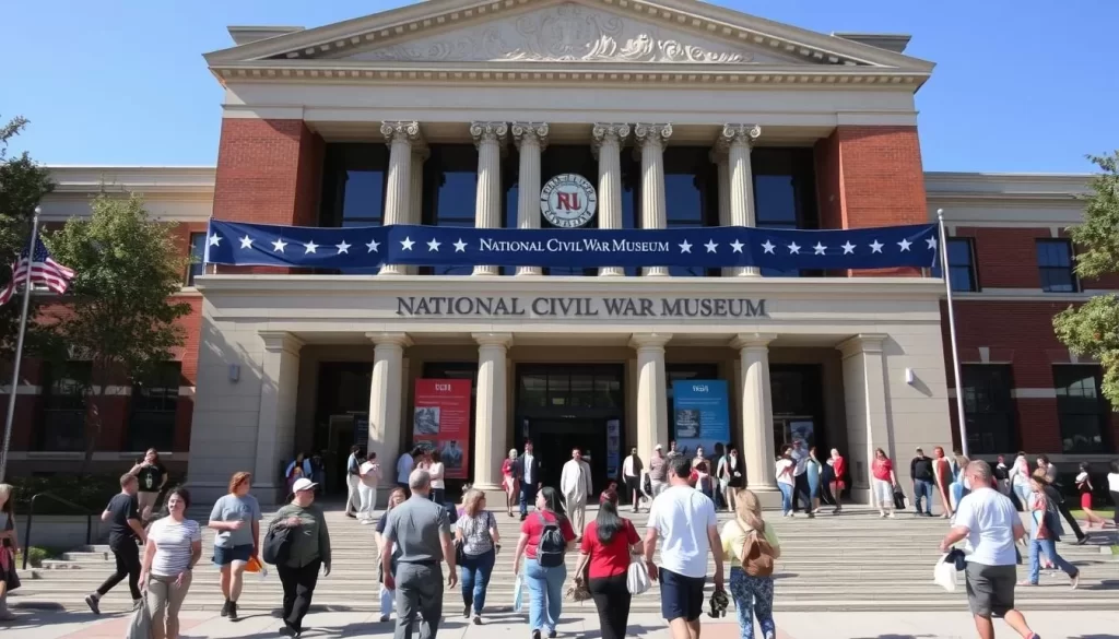 Generate an image of the National Civil War Museum's exterior with visitors walking towards the entrance.