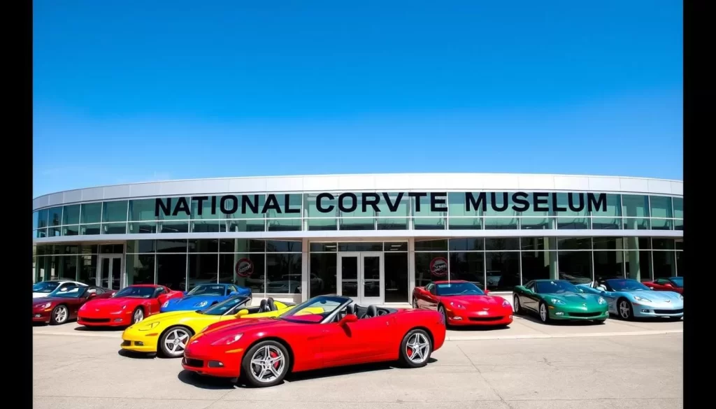 Generate an image of the National Corvette Museum's exterior with a display of Corvettes outside.
