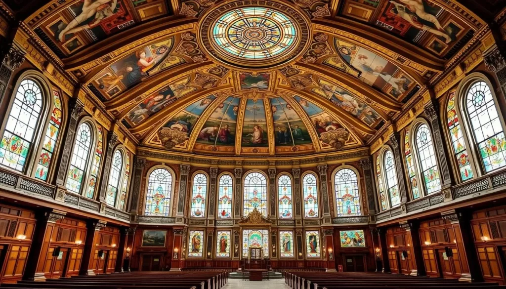 Generate an image of the National Diet Building's Central Hall with its murals and stained-glass windows.