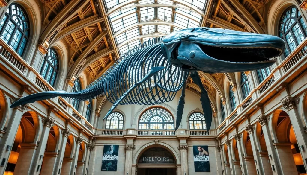 Generate an image of the Natural History Museum's iconic central hall featuring "Hope," the massive blue whale skeleton suspended from the ceiling.