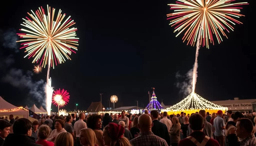 Generate an image of the New Year's Eve Fireworks Festival at the Forks in Hay River, highlighting the fireworks display and community gathering.