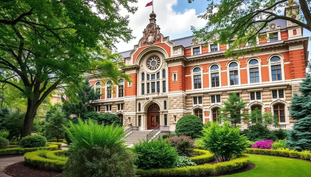 Generate an image of the Newberry Library's historic building with its grand architecture and beautiful gardens.