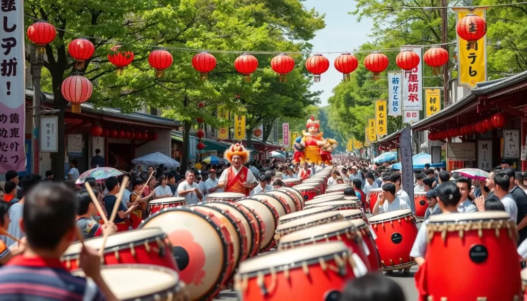 Generate an image of the Niihama Taiko Festival with its vibrant floats and participants.