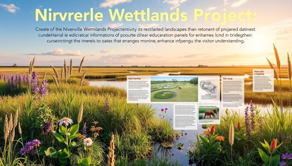 Generate an image of the Niverville Wetlands Project, showcasing its transformed landscape and educational information panels.