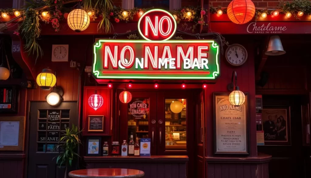 Generate an image of the No Name Bar's exterior, showcasing its unique signage and eclectic decor.