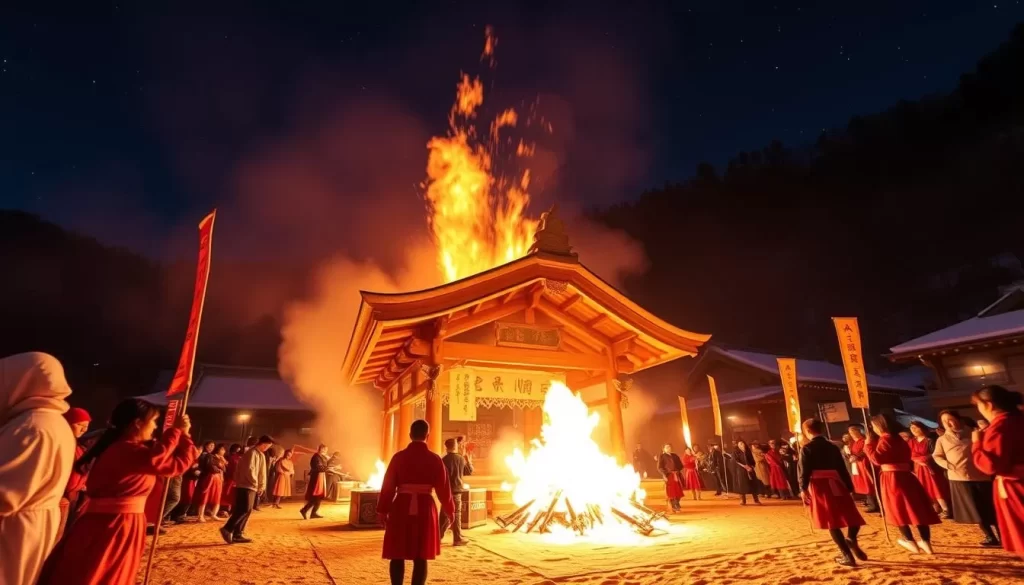 Generate an image of the Nozawa Onsen Fire Festival, capturing the moment when the wooden shrine is set ablaze.