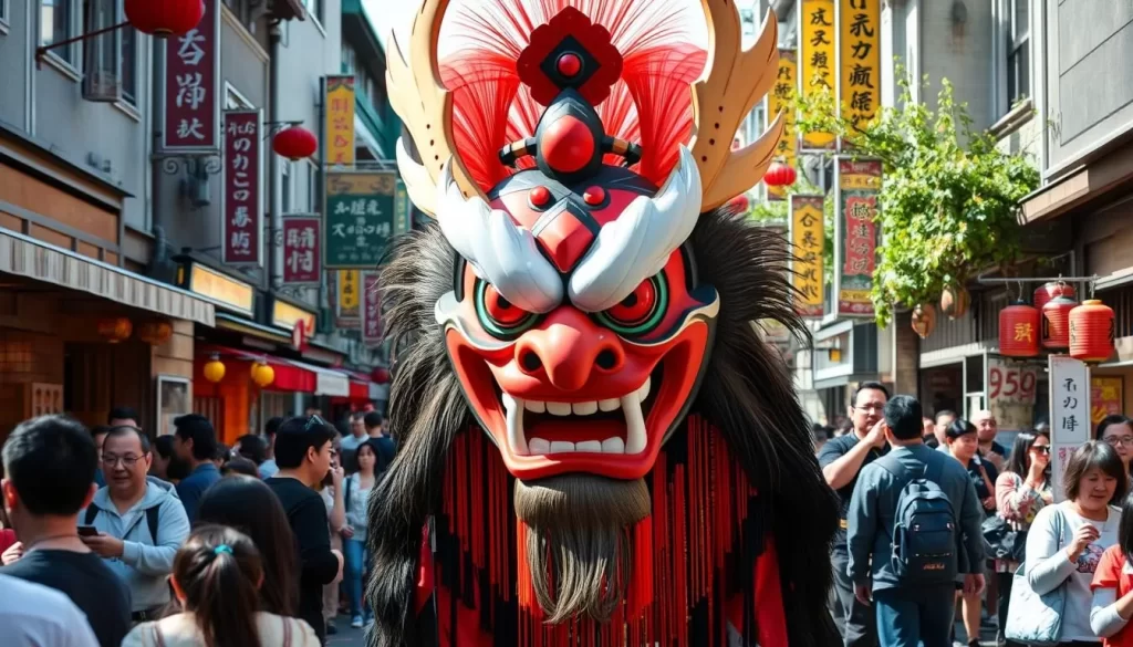 Generate an image of the Numata Festival's giant Tengu mask being carried through the streets.