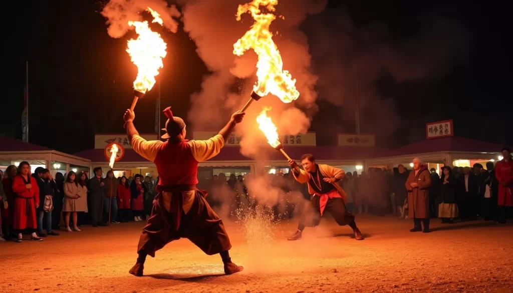 Generate an image of the Obuke Hachioji Festival's dramatic torch-fighting ritual