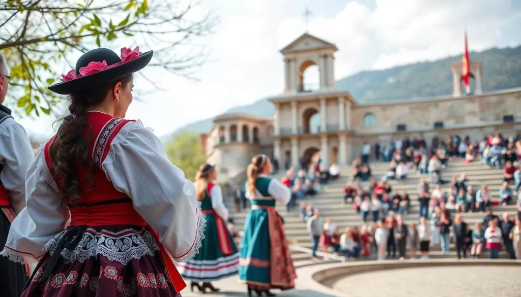 Generate an image of the Ohrid Spring Festival, with performers in traditional Macedonian costumes at the Roman amphitheater.