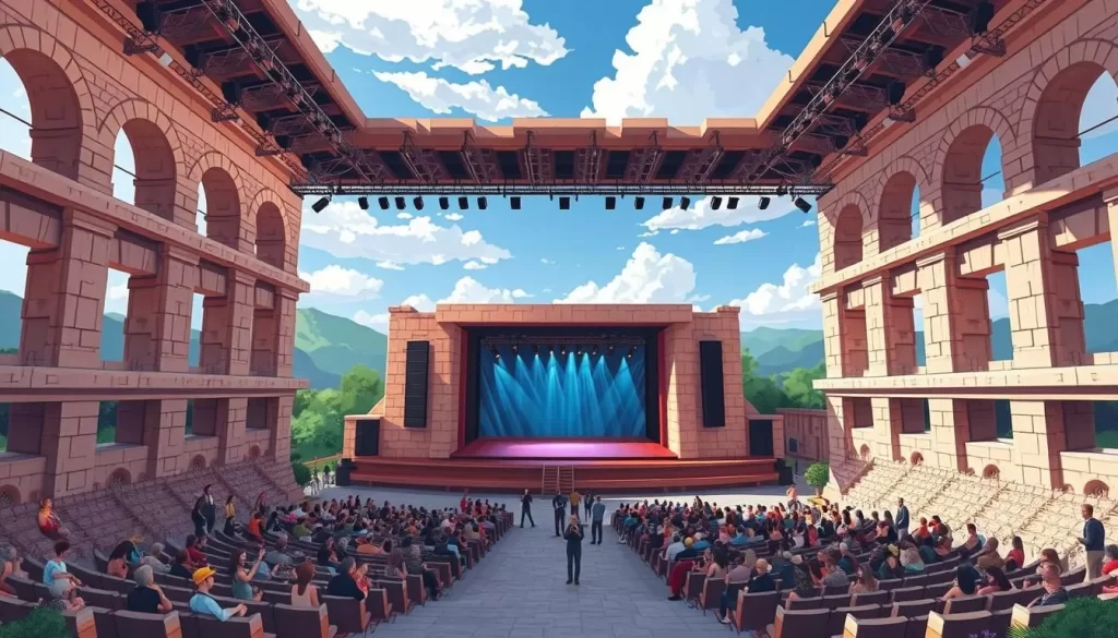 Generate an image of the Ohrid Summer Festival's main stage at the ancient amphitheater.