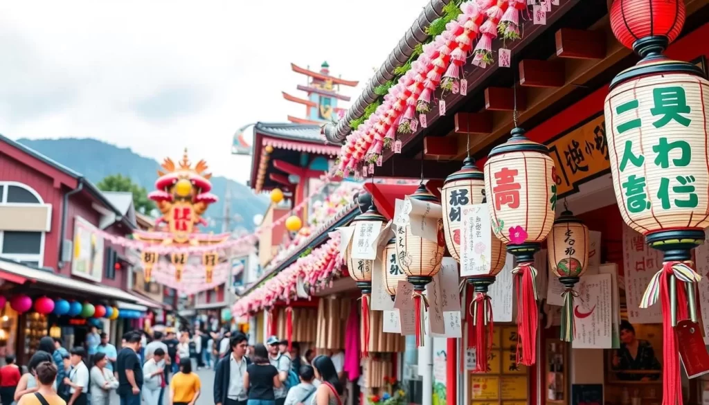 Generate an image of the Oita Tanabata Festival, showcasing colorful decorations and paper wishes in the city center.