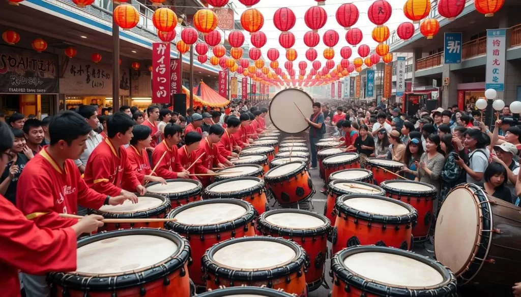 Generate an image of the Okaya Taiko Festival with 300 drummers performing simultaneously.