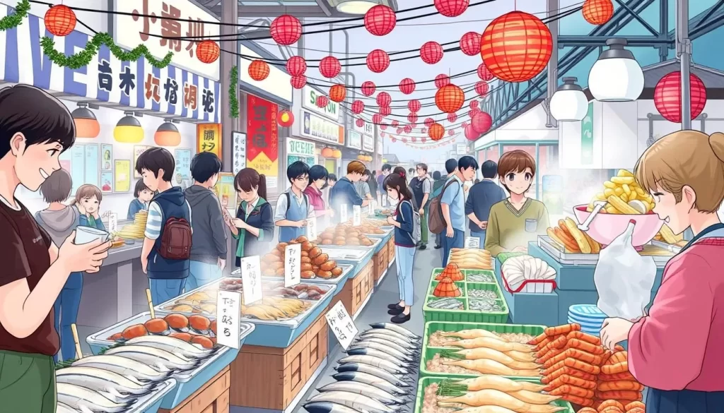 Generate an image of the Onjuku Ise-ebi Festival, showcasing the vibrant stalls and people enjoying local seafood.
