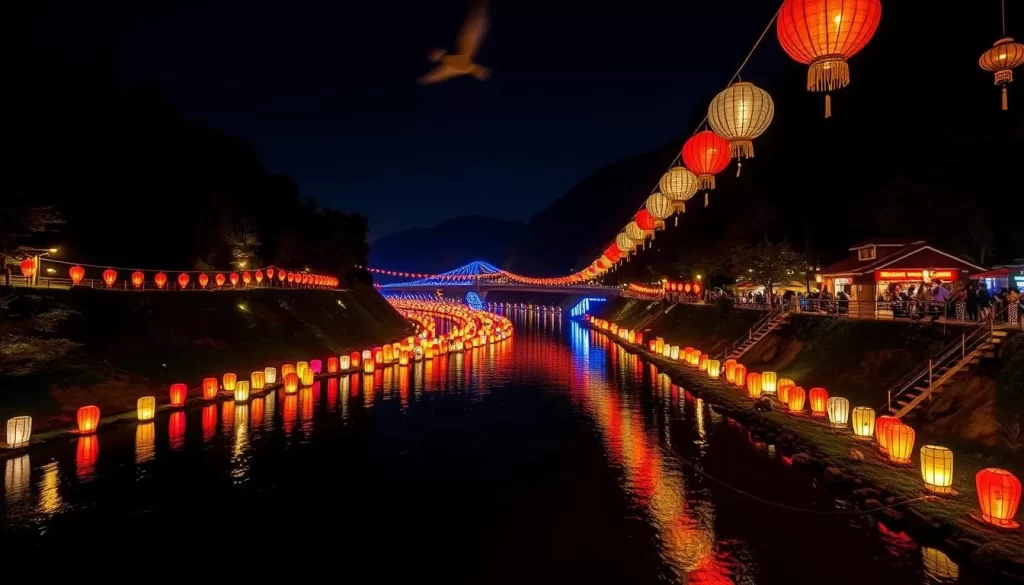 Generate an image of the Otozure River Light and Sound Festival with lanterns illuminating the river valley.
